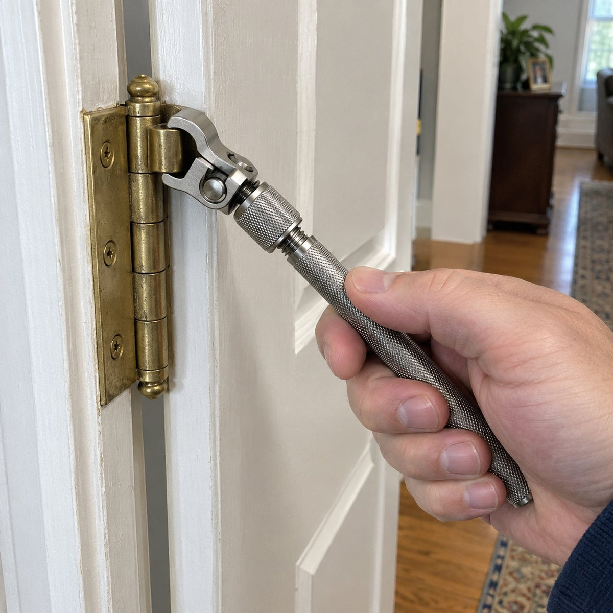 The wrench clamped on a brass door hinge knuckle