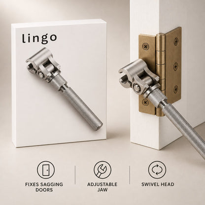 Adjustable door hinge wrench on a door hinge with its lingo box: fixes sagging doors, adjustable jaw, swivel head