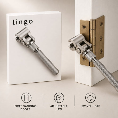 Adjustable door hinge wrench on a door hinge with its lingo box: fixes sagging doors, adjustable jaw, swivel head