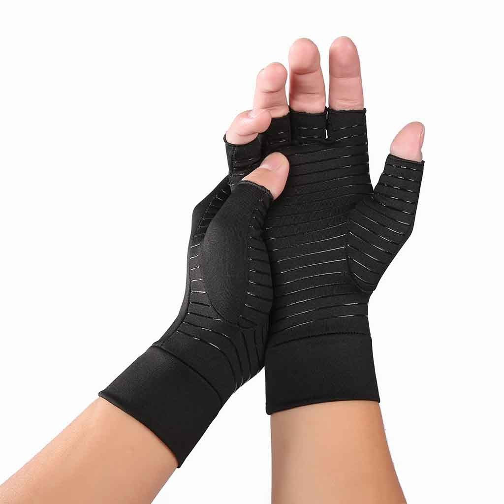 A pair of black fingerless compression gloves on two hands