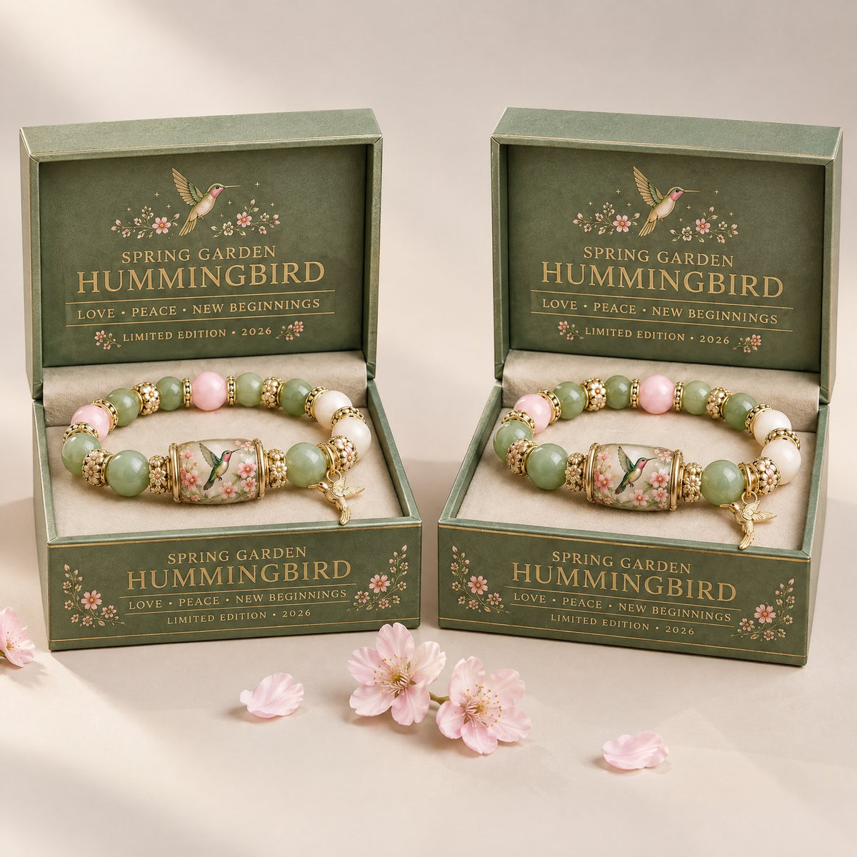 Two hummingbird bracelets in their gift boxes