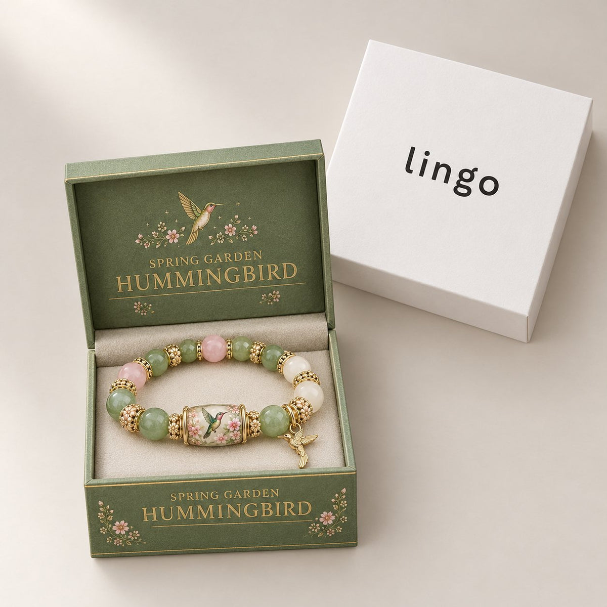 What's in the box: the bracelet in its gift box, inside the lingo box