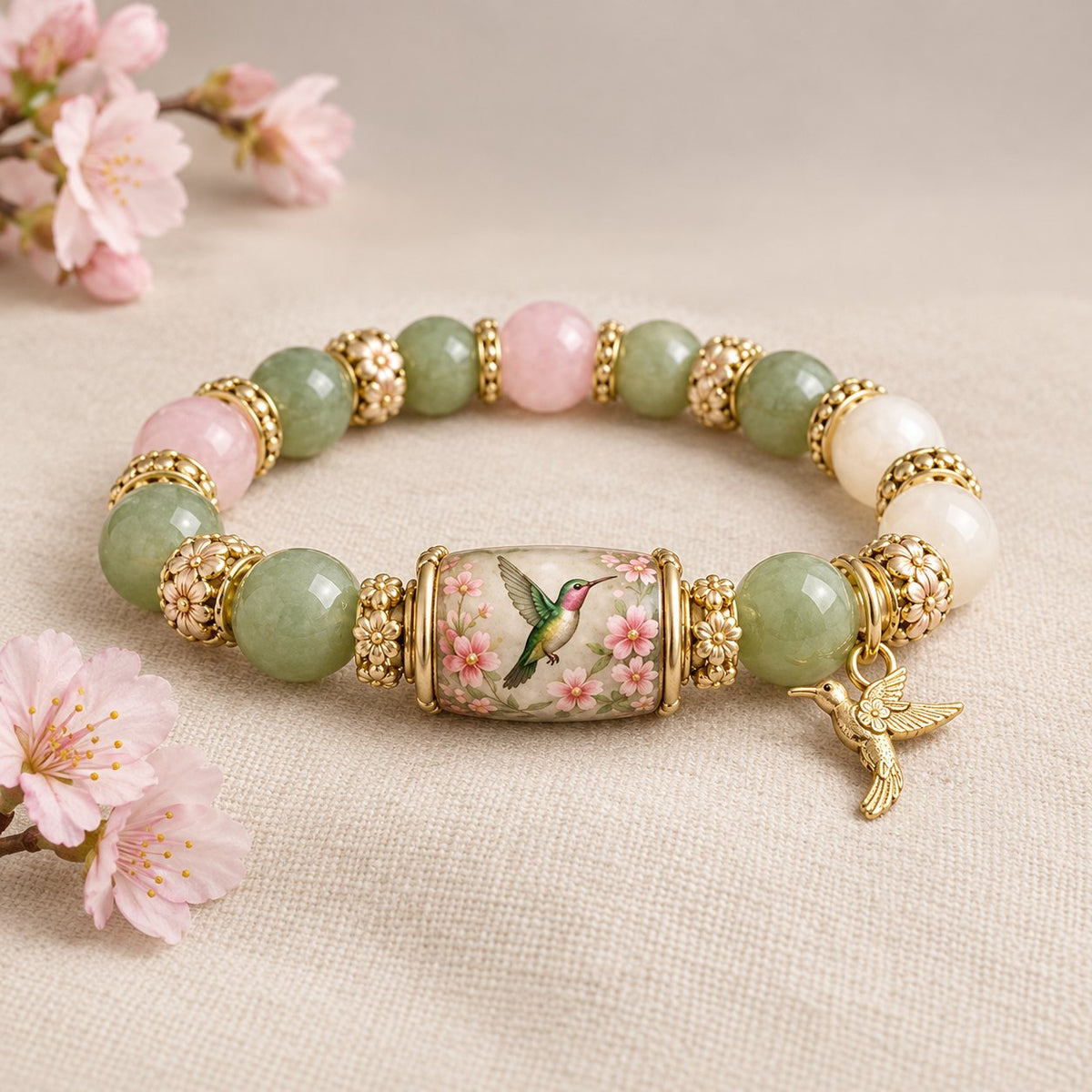 Close-up of the hummingbird bracelet with its painted hummingbird bead and gold charm