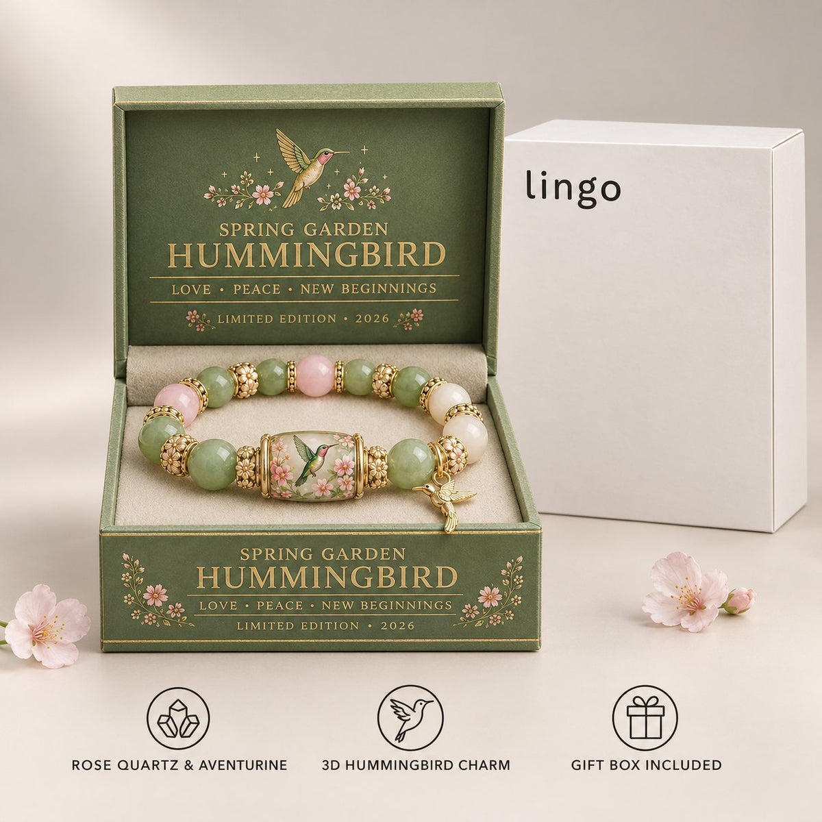 Hummingbird bracelet in its green gift box with the lingo box: rose quartz and aventurine, 3D hummingbird charm, gift box included