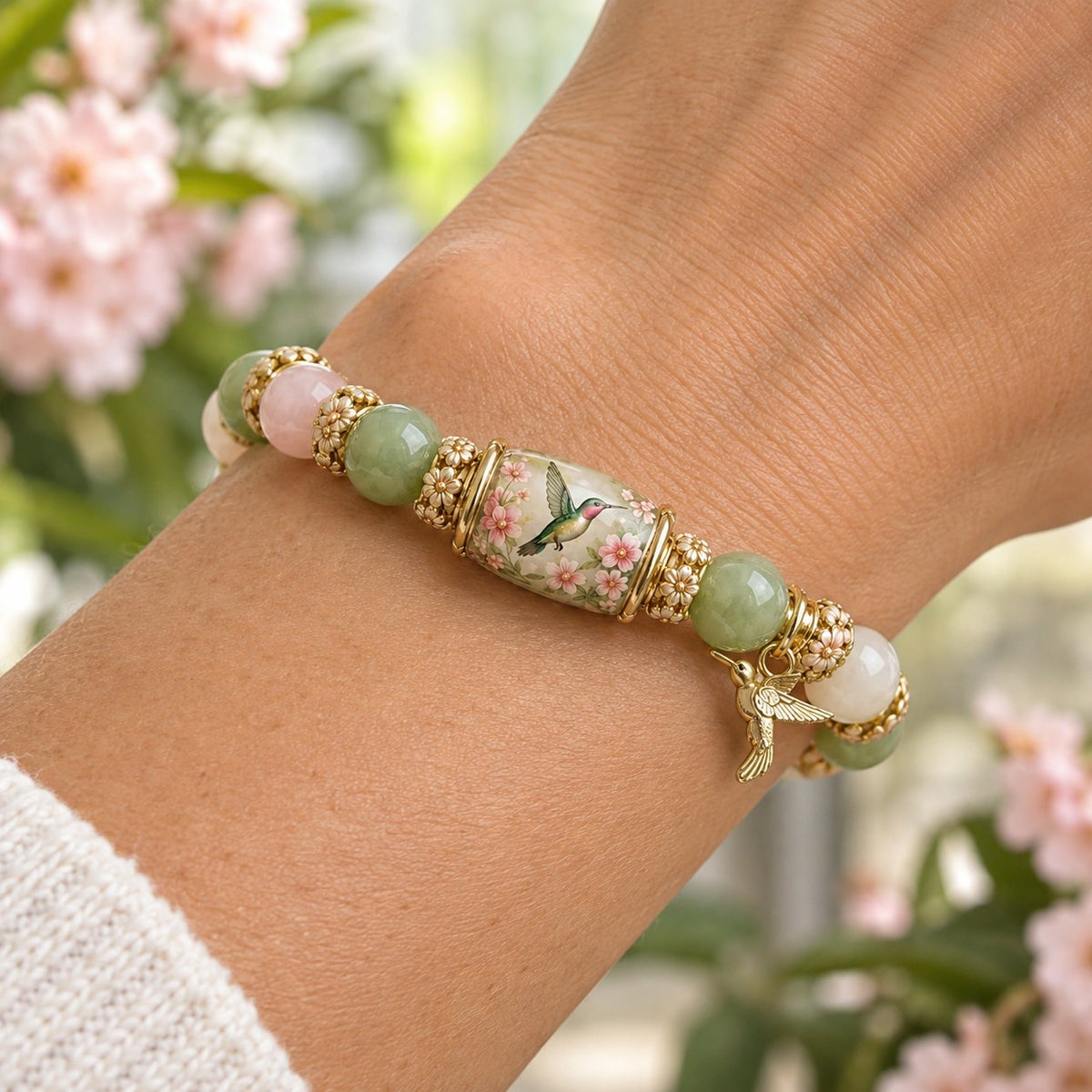 The painted hummingbird bead and 3D gold hummingbird charm on the wrist