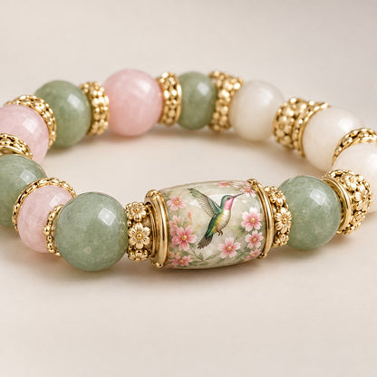 Rose quartz and green aventurine beads with gold flower caps