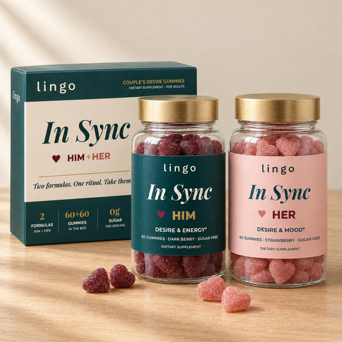lingo In Sync couple's gummies: the gift box with the HIM jar and the HER jar in front, and heart-shaped gummies