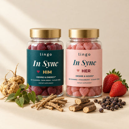 The HIM and HER jars with maca root, horny goat weed leaves, ashwagandha root, tongkat ali, chaste berries and strawberries