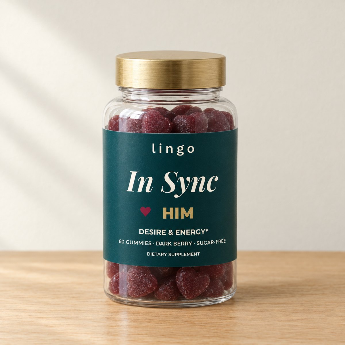 The In Sync HIM jar: 60 wine-red heart gummies, dark berry, sugar-free