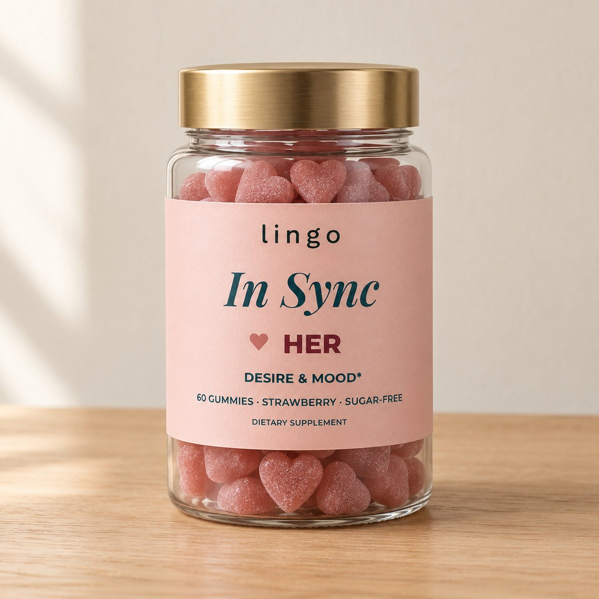 The In Sync HER jar: 60 pink heart gummies, strawberry, sugar-free