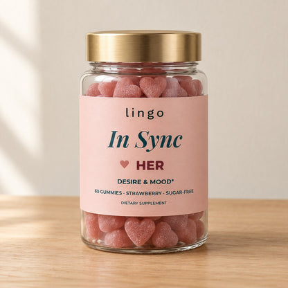 The In Sync HER jar: 60 pink heart gummies, strawberry, sugar-free