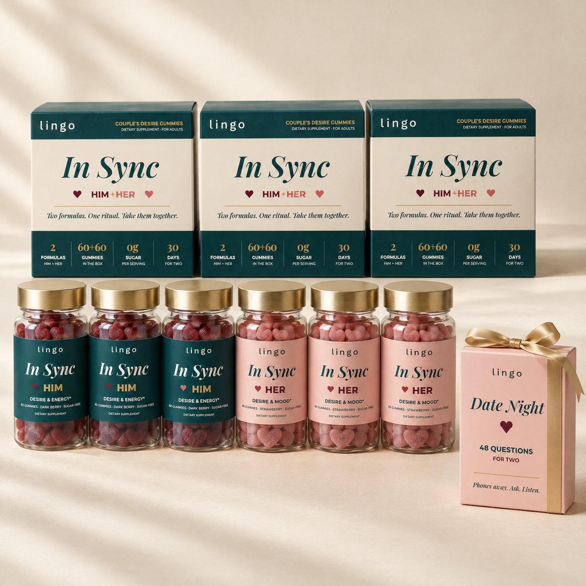Buy 3 pack: three In Sync boxes, three HIM jars, three HER jars and a free Date Night card deck