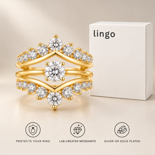 Moissanite ring jacket around a dainty one carat ring, gold plated, with the lingo box: protects your ring, lab-created moissanite, silver or gold plated