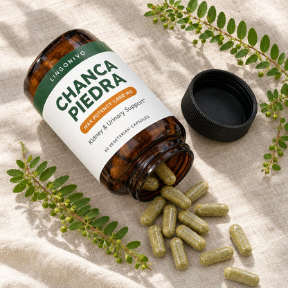 Open bottle of chanca piedra with green vegetarian capsules and fresh Phyllanthus niruri sprigs