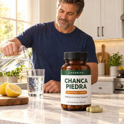 Man pouring a glass of water in his kitchen next to a bottle of chanca piedra