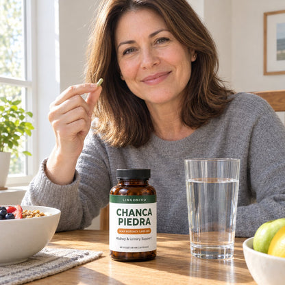 Woman holding a chanca piedra capsule at the breakfast table