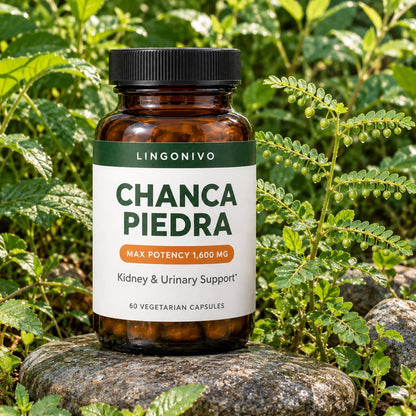 Bottle of chanca piedra on a stone among Phyllanthus niruri plants