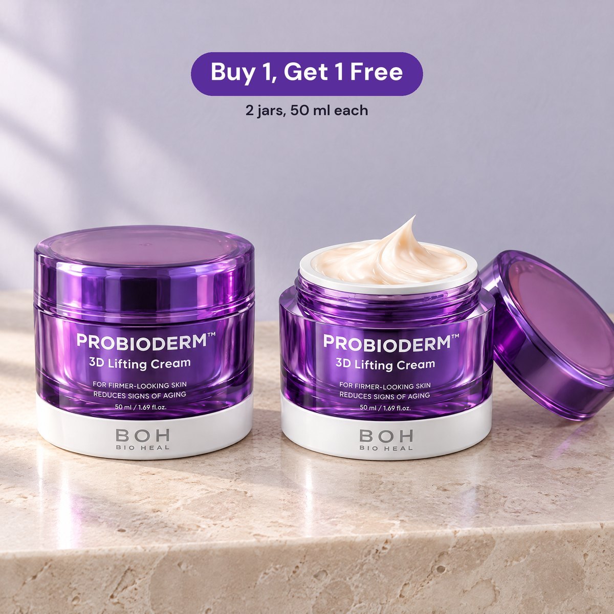 Two jars of 3D Lifting Cream, one closed and one open: Buy 1, Get 1 Free