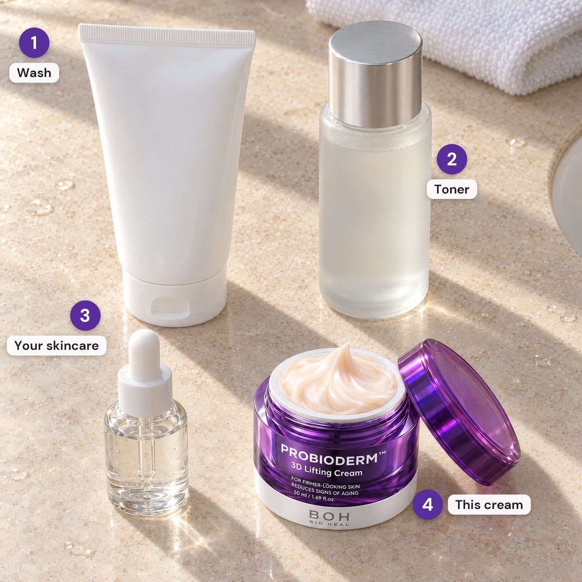 Four-step routine: cleanser, toner, serum, then the cream last