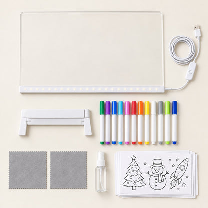 What comes in the box: clear LED board with USB cord, folding stand, 12 neon markers, tracing pages, 2 cloths and a spray bottle