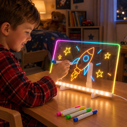 Boy in pajamas drawing a glowing rocket on the LED drawing board in his bedroom at night