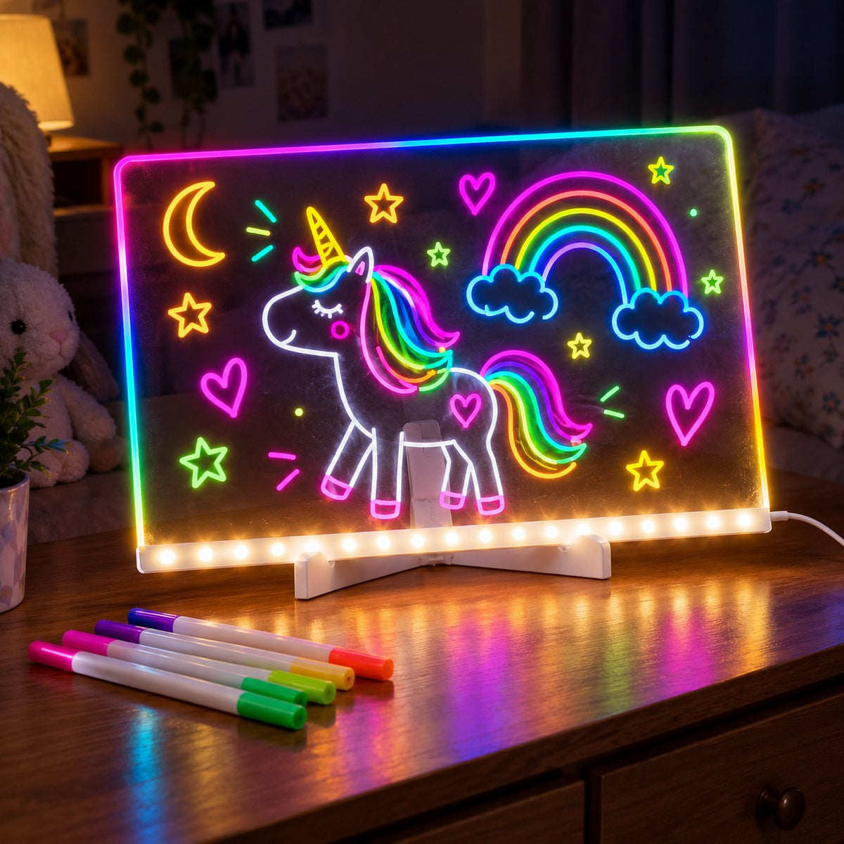 LED drawing board glowing in a dark room with a neon unicorn, rainbow, moon and stars