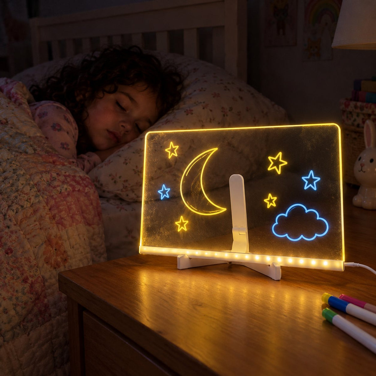 LED drawing board glowing softly with a moon and stars on a nightstand while a little girl sleeps
