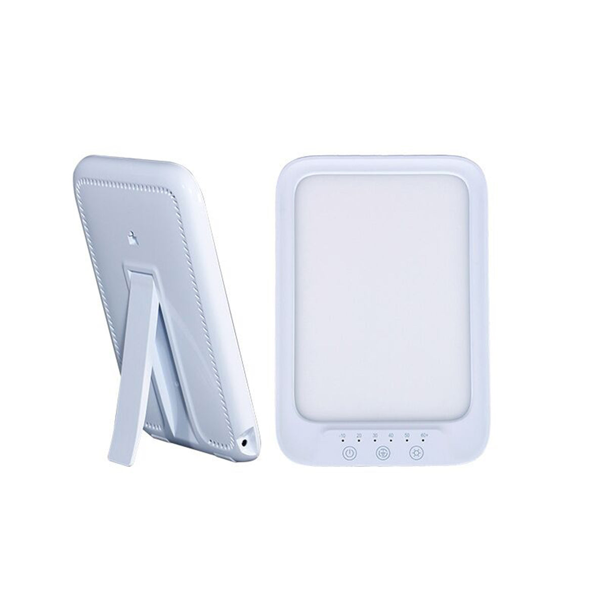 White 10,000 lux light therapy lamp shown from the front and from the back with its fold-out kickstand