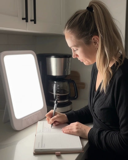 Woman writing in her planner at the kitchen counter before sunrise, the light therapy lamp glowing next to the coffee maker
