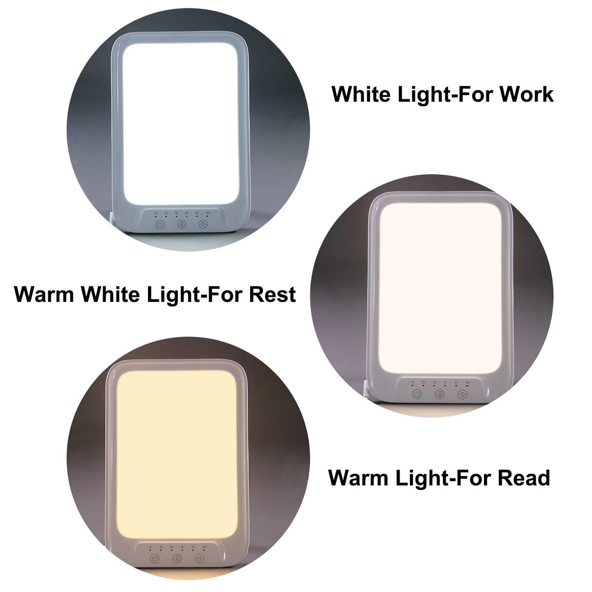 The three light colors of the lamp: cool white, warm white and warm