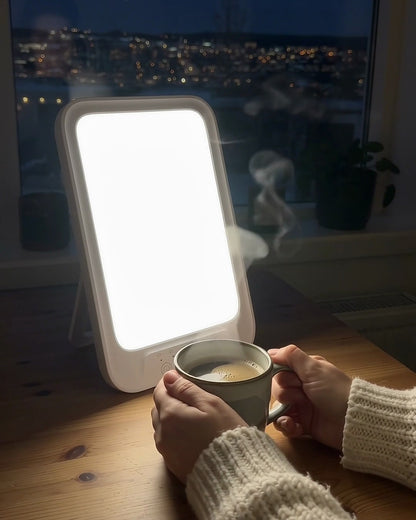 Hands holding a mug of coffee in front of the glowing light therapy lamp by a window at night