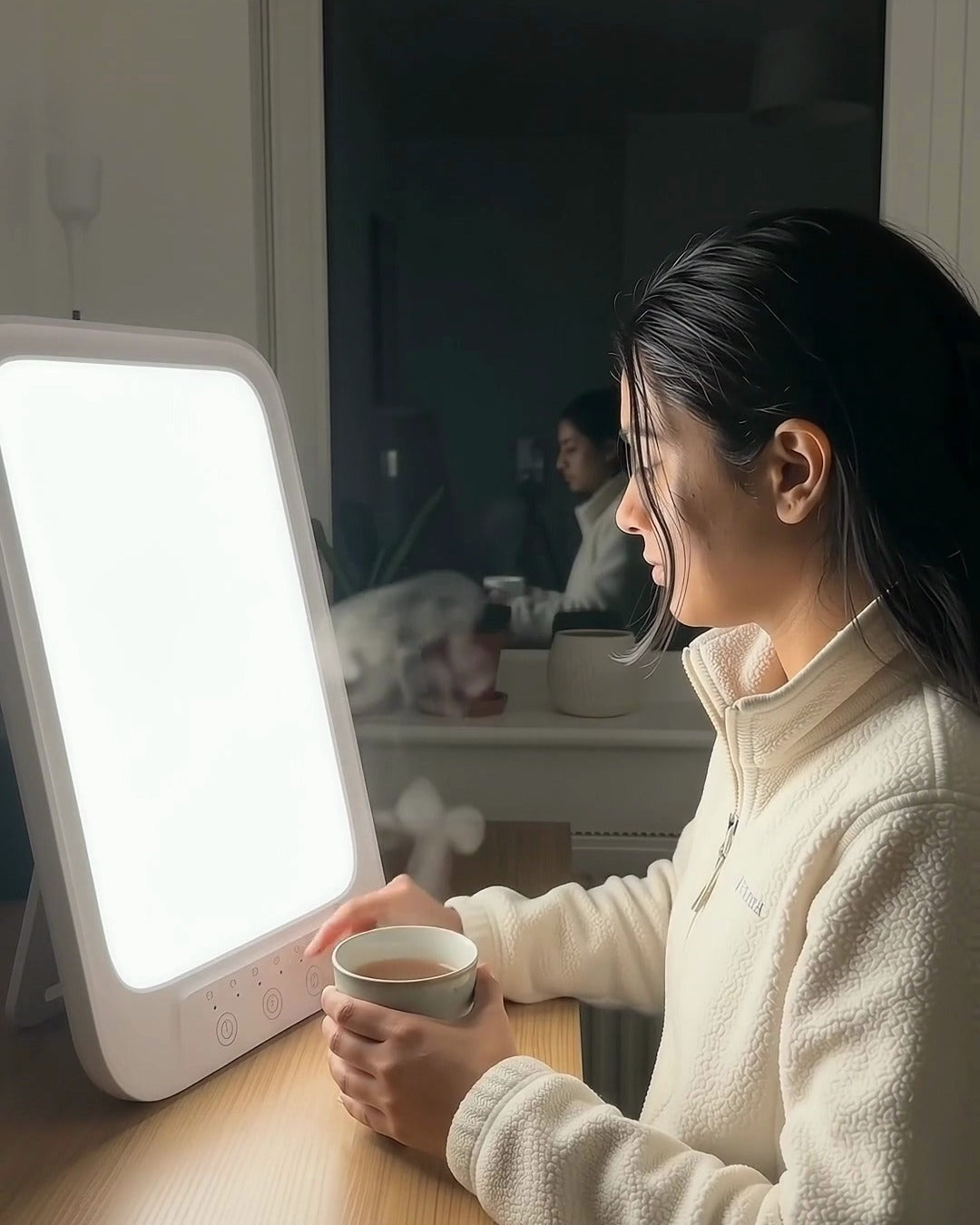 Woman drinking tea at her desk in front of the glowing light therapy lamp on a dark morning