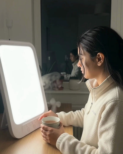 Woman drinking tea at her desk in front of the glowing light therapy lamp on a dark morning