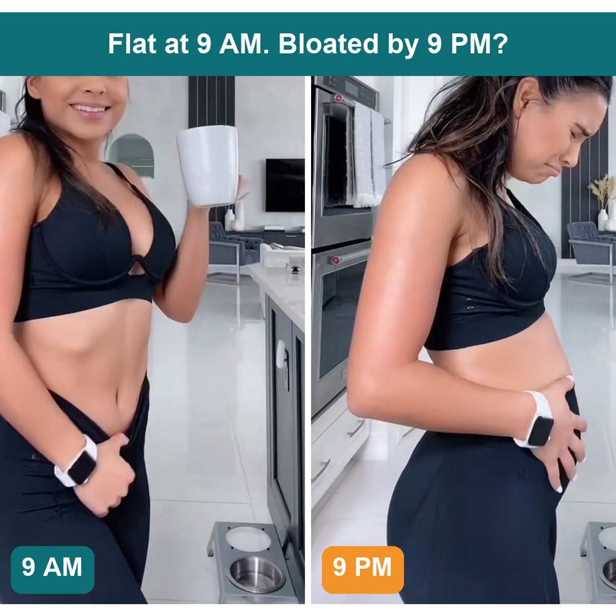 The same woman at 9 AM with a flat stomach and at 9 PM with a bloated stomach