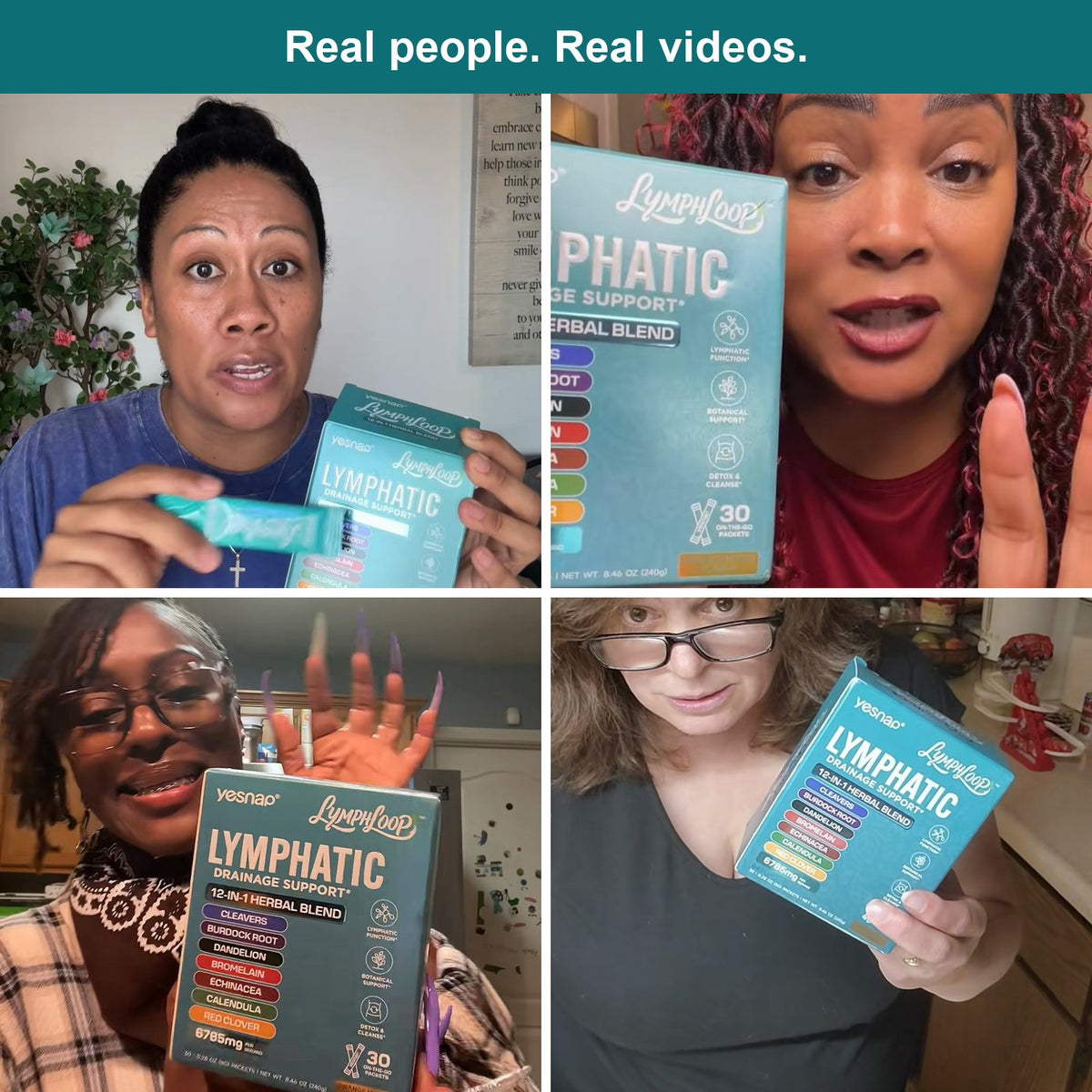 Four real creators holding the YESNAP LymphLoop box in their TikTok videos