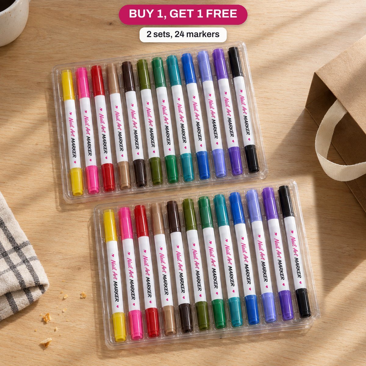 Two sets of 12 nail art markers side by side, the Buy 1 Get 1 Free offer