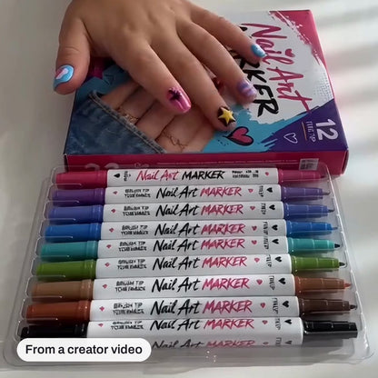 Frame from a creator video: a child's hand with marker nail designs next to the set
