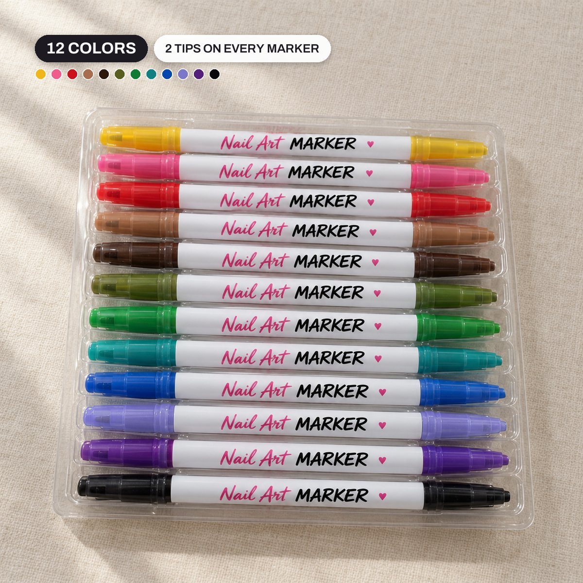 Clear tray with 12 dual-tip nail art markers in 12 colors