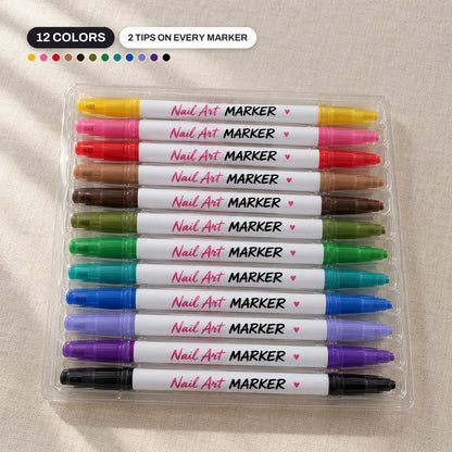 Clear tray with 12 dual-tip nail art markers in 12 colors