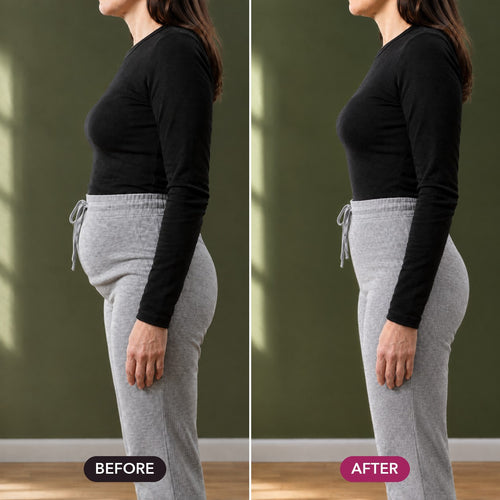 Before and after, side view under the same grey joggers: a lower belly bump, then a flat smooth front with the No Show brief