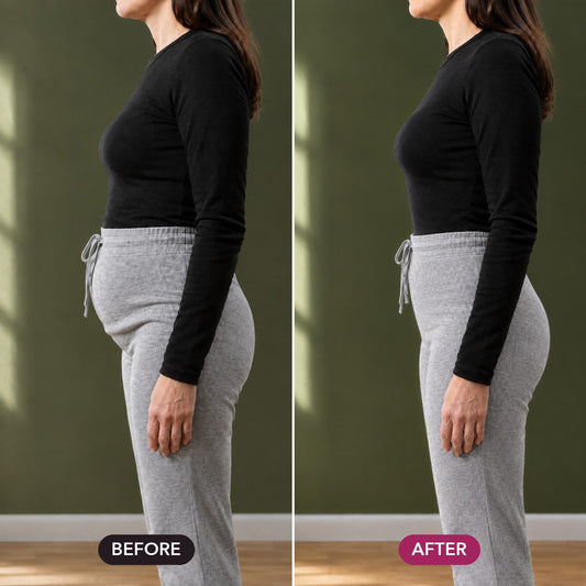 Before and after, side view under the same grey joggers: a lower belly bump, then a flat smooth front with the No Show brief