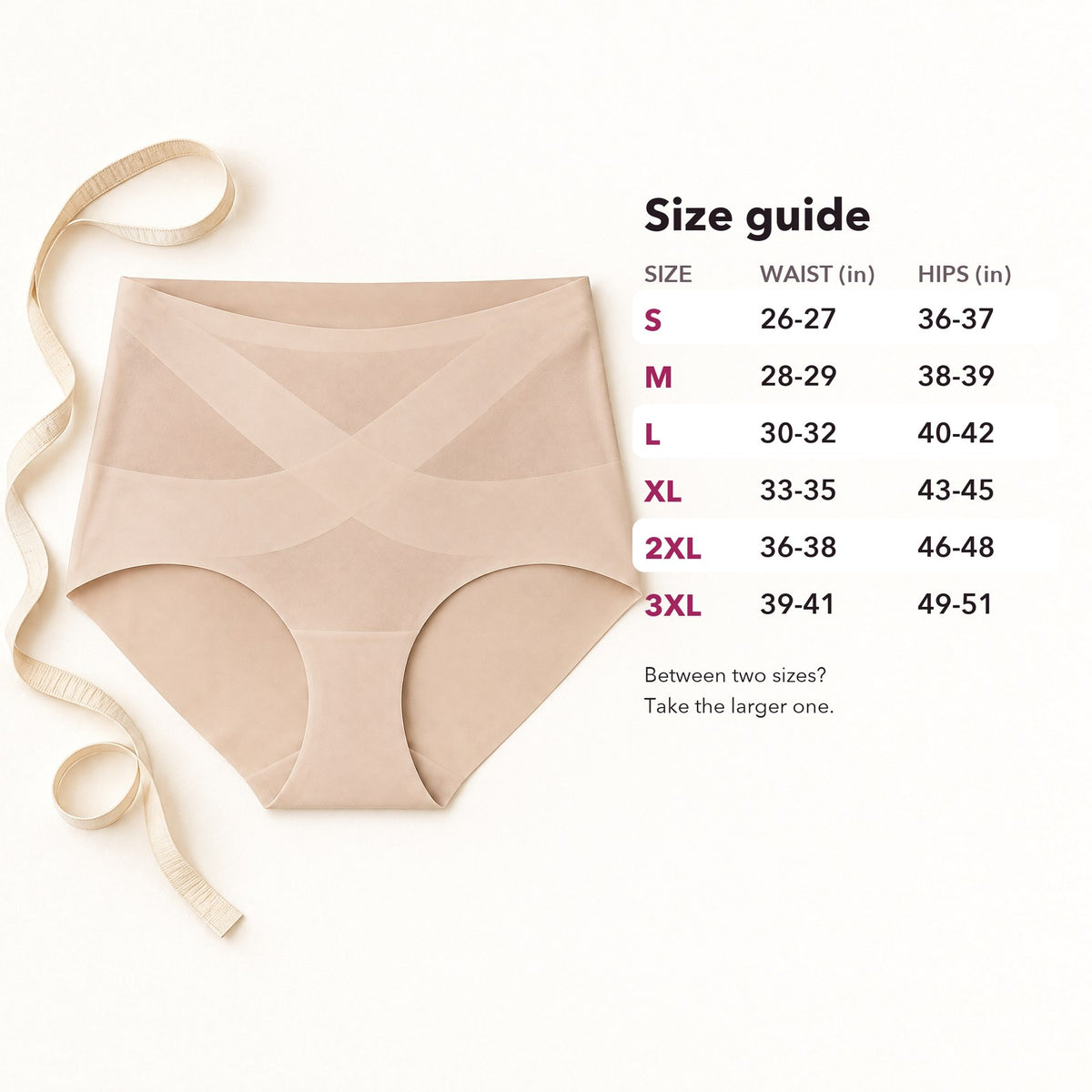 No Show brief laid flat next to the size guide: sizes S to 3XL with waist and hip measurements in inches