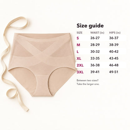 No Show brief laid flat next to the size guide: sizes S to 3XL with waist and hip measurements in inches