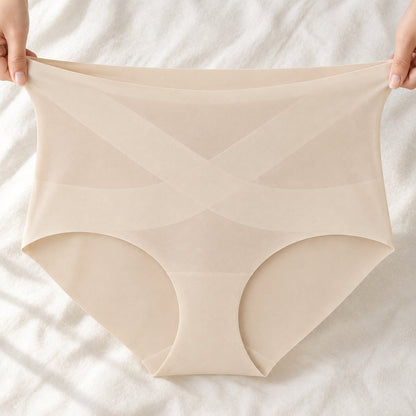 Two hands stretching the wide waistband of an ivory No Show brief