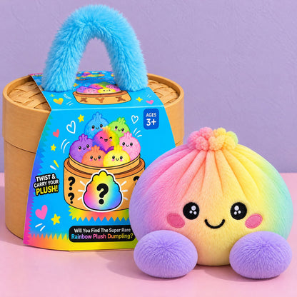 Surprise plush dumpling box with its printed sleeve and fluffy blue handle, next to the rainbow plush