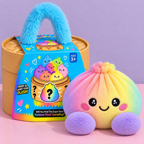 Surprise plush dumpling box with its printed sleeve and fluffy blue handle, next to the rainbow plush