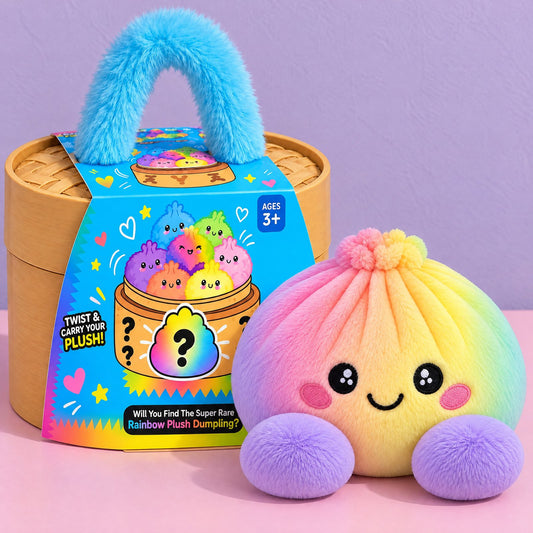 Surprise plush dumpling box with its printed sleeve and fluffy blue handle, next to the rainbow plush