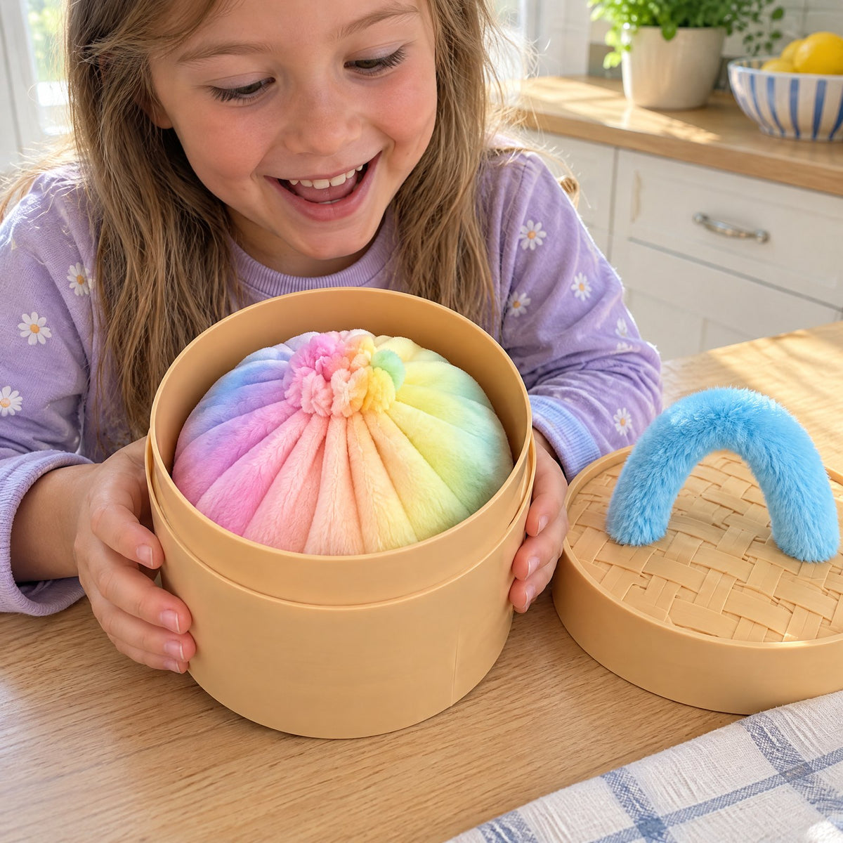 Child holding the open steamer-style box with the rainbow plush packed inside