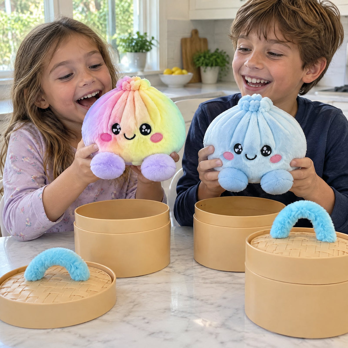 Two kids opening their surprise plush boxes at the kitchen table