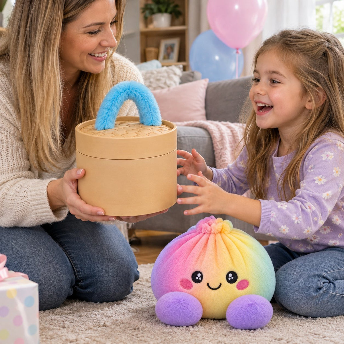 Mom giving the steamer-style plush box to her excited daughter at a birthday